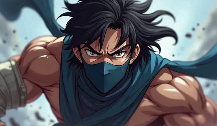 League of Legends style anime male fighter, face glued to the camera, half face mask, intense expression, dramatic hair, shoulders visible, bandaged hands, blurred background.