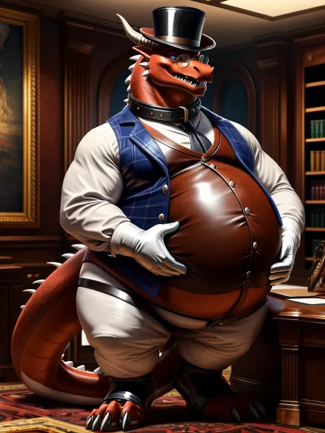 Dragon, thick brown leather collar, leather collar around the neck, large leather collar, white rubber gloves on hands and feet, wearing white spats on feet, white fancy spats on feet, fancy white spats on feet, fat, bulging belly, large belly, collared sh...