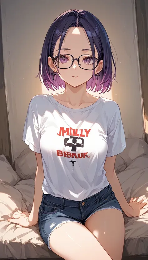 1girl, alone, bob hair, Purple gradient hair, forehead, Black-rimmed glasses, smily face, One side of her T-shirt has slipped down, revealing her bra straps., Cross-legged, Short denim, clear skin, Hair tucked behind ear, white t-shirts, bare foot, indoors...