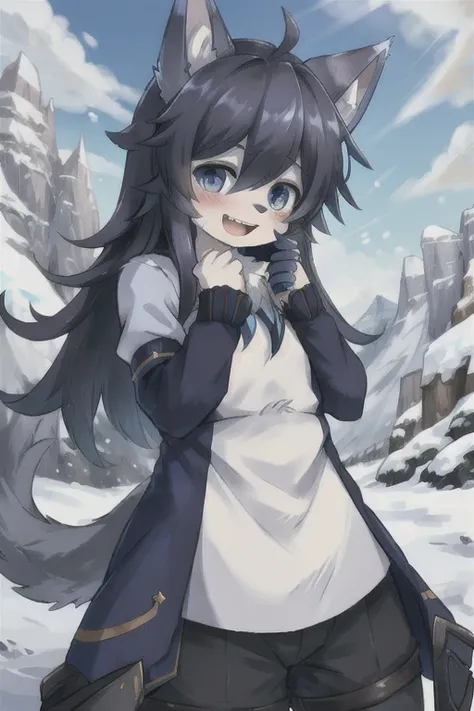 (boy with wolf ears)　(blue long hair)　snow mountain　snowstorm　on the cliff　kind face　laughing