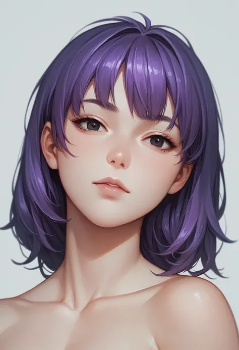 Beautiful woman, 2 face, short purple hair. 3D anime style black eyes. ONLY THE FACE