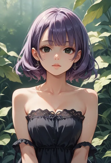 Beautiful woman, 2 face, short purple hair. 3D anime style black eyes. ONLY THE FACE