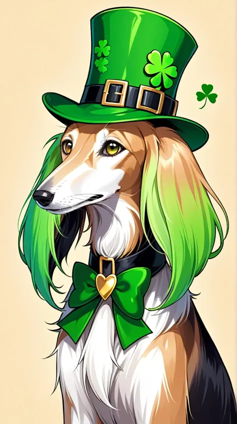 anime style, a strikingly majestic st. patrick's day saluki wearing a leprechaun hat and a fake green beard, its fur exhibiting ...