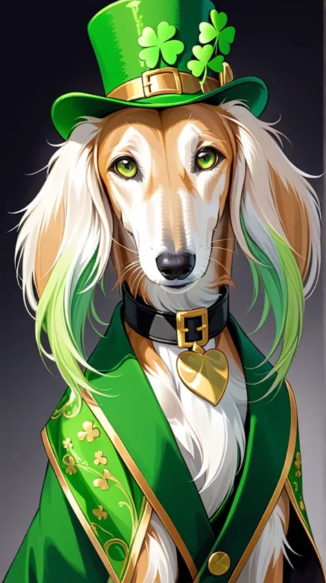 anime style, a strikingly majestic st. patrick's day saluki wearing a leprechaun hat and a fake green beard, its fur exhibiting ...