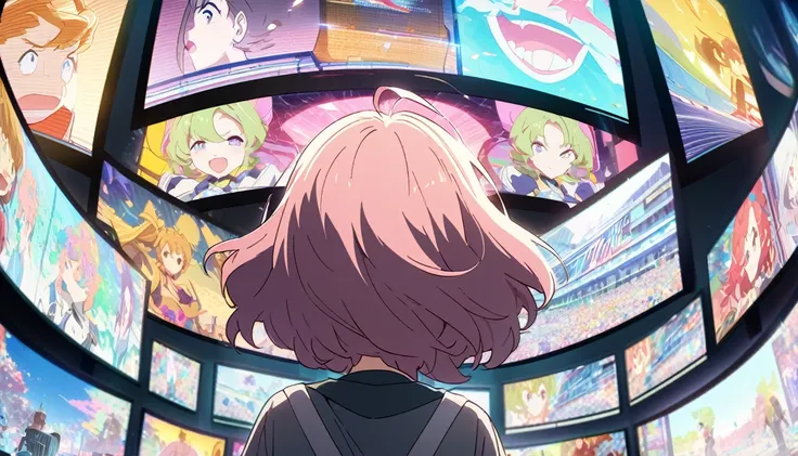 anime style, Ultra-fine illustrations, highly detailed, Dynamic Angle, beautiful detailed, 8k, In front of many CRT TVs, break various programs are being broadcasted. A woman stares at them, break smiling amidst the colorful scenes.(Highest quality、masterp...