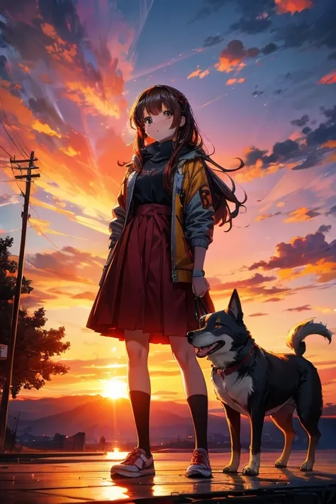 A  and her dog are standing with a fiery sunset behind them、