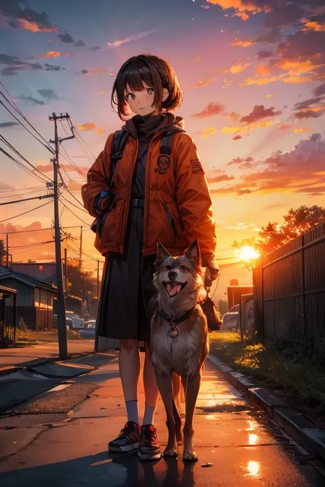 A  and her dog are standing with a fiery sunset behind them、