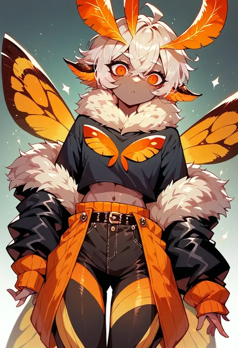 Moth monster girl with dark-gray skin vivid orange eyes orange and white antennae and yellow and orange moth wings that end in square points with long straight white hair and wearing a long sleeved black shirt with an orange horizontal  stripe and layered ...