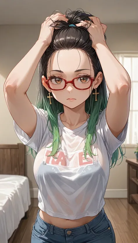 1girl, alone, medium long hair, green gradient hair, forehead, Red-rimmed glasses, One side of her T-shirt has slipped down, revealing her bra straps., Cross-legged, Short denim, clear skin, Hair tucked behind ear, white t-shirts, see-through shirts, bare ...