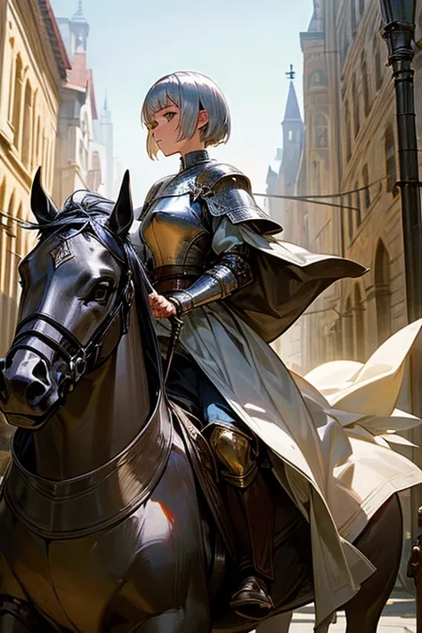 side view,A woman with short silver hair riding a horse、Skin is brown、Medieval Crusader Armor、Straight face、Gazing into the distance、Marching down the street、Medieval Europe