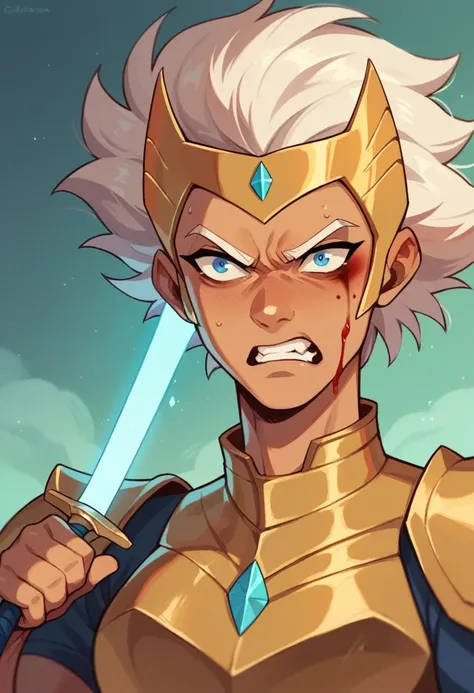 She-ra angry face, glowing sword, golden armor, blood on her face