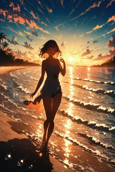 A girl ,((young))extremely happy, with flashes, Lights, water drops, very, very feliz, good lighting, a nice background, beautiful, colorful beach landscape.wearing beachwear,,masterpiece, High resolution, very detailed, depth of field, Chromatic aberratio...