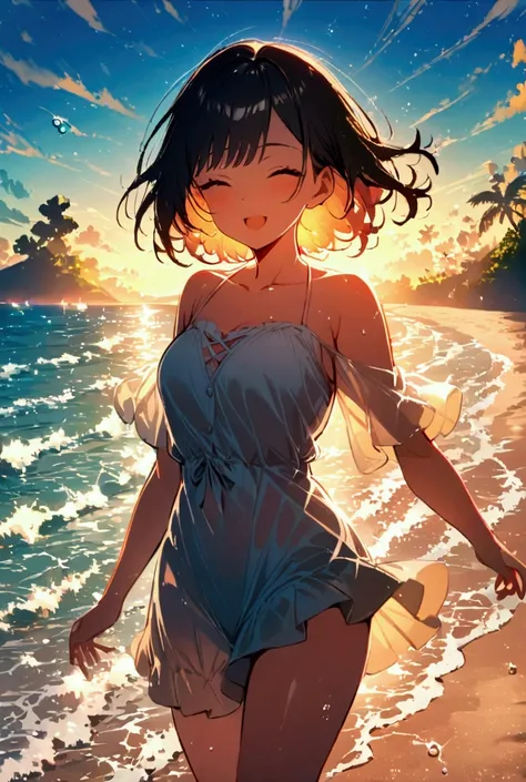 A girl ,((young))extremely happy, with flashes, Lights, water drops, very, very feliz, good lighting, a nice background, beautiful, colorful beach landscape.wearing beachwear,,masterpiece, High resolution, very detailed, depth of field, Chromatic aberratio...