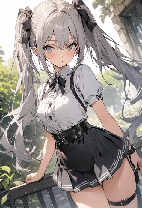 Best Quality、Lower Angle、One Girl、garden、mini skirt、Right thigh belt、Gray Hair、Twin tails、Grey Eyes