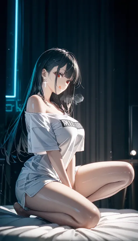 Long black hair、Red eyes、Tsukuyomi Minato, One-off shoulder、Super large size T-shirt、Sparkling sequined high leg lace under bikini、 Super huge breasts, High resolution, Masterpiece Anatomically Correct, Best Quality, high detail, damage, High resolutionモデル...