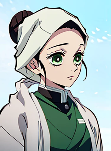 Detailed brown hair in a feminine low bun in the style of Kimetsu no Yaiba with the Kimetsu uniform with green eyes and a white scarf on her head