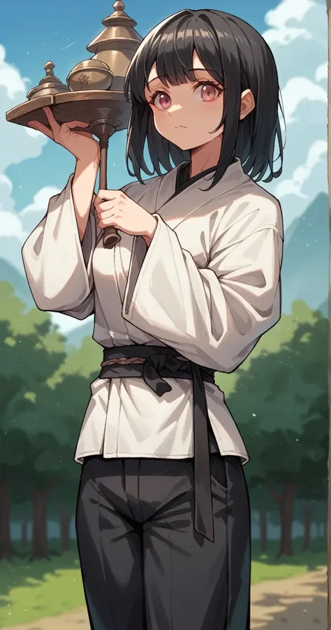 Girl, pink eye, black hair,white robe,black pants,cute,medieval japanese,big tit,black karate belt,black handbands