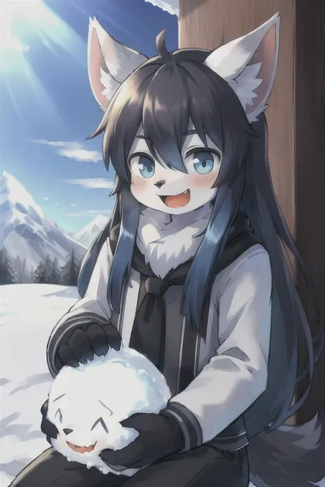 (Boy with wolf ears)　(Blue long hair)　Snow Mountain　Making a snowman　Kind Face　Laughing