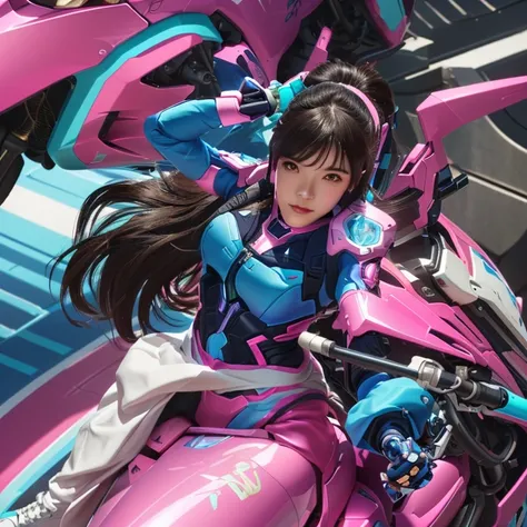 a close up of a woman in a pink and blue outfit riding a pink motorcycle, d. va from overwatch, overwatch fanart,  style 4 k, extremely detailed artgerm,  art wallpaper 4k, art wallpaper 4 k, overwatch style,  art wallpaper 8 k, girl in mecha cyber armor, ...