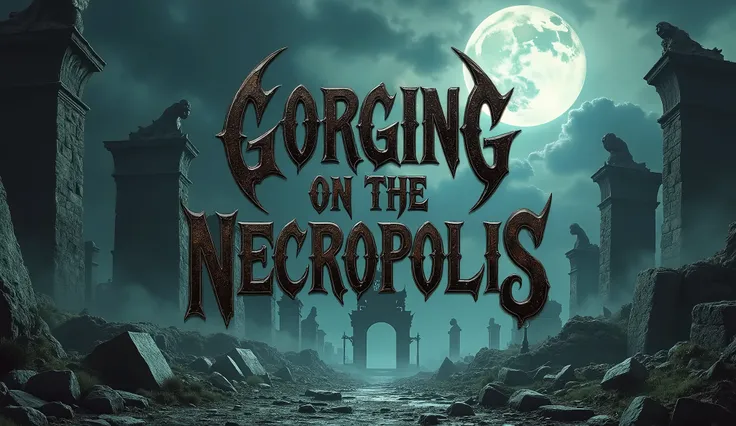 Symphonic Metal album cover featuring a dark, epic landscape of a crumbling necropolis. The title, "Gorging on the Necropolis," is stylized and textured, placed prominently in the center. The text should have a weathered, stone-like appearance, as if carve...