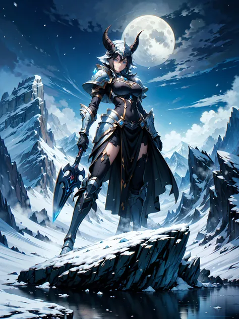 (((masterpiece, best quality, high detailed, 16k))) (1girl) A stern and determined female warrior with short, raven-black hair and ice-blue eyes. Her armor is made of solid, gleaming steel, adorned with mountain motifs and goat horns on her helmet. She wie...