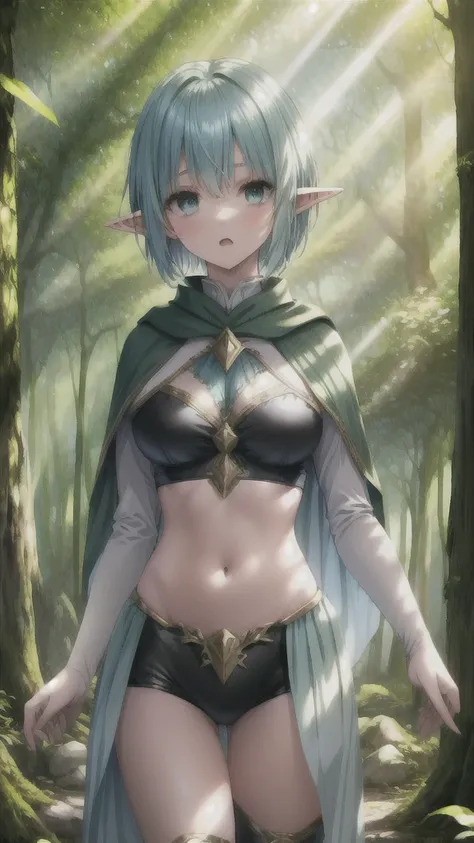 a young elven girl, around , with bright, light blue short hair. her ears are pointed and visible, emphasizing her youthful and ...