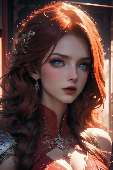 Very beautiful girl, slim body, high resolution, High detail, red hair color, Blue eyes, expressive eyes, High detail, Looks at the viewer, deep neckline, the chest shines, sweat runs down the chest, beautiful dress, high resolution, High detail