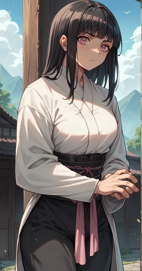 Girl, pink eye, black hair,white robe,black pants,cute,medieval japanese,big tit,black karate belt,black cover on hands, pink accessorise cloth,cool girl, badass, perfect body,thick thigts