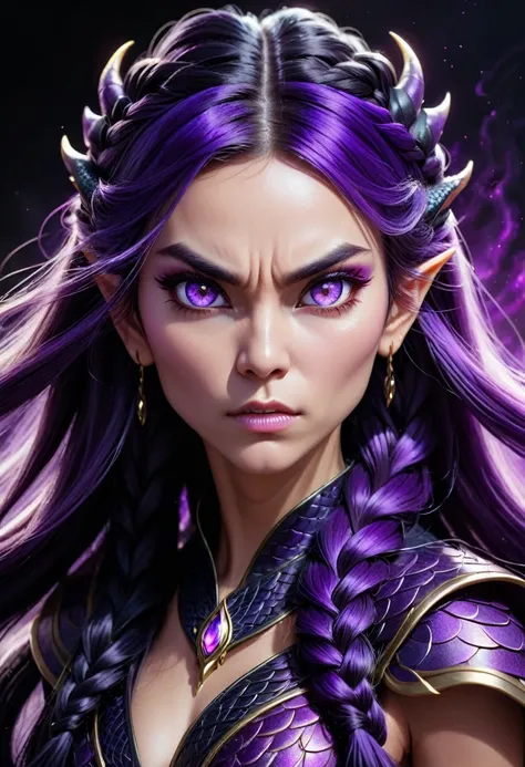 Dragon woman, powerful, purple and black colors, Mystical Aura, bright and detailed eyes, Alone, High resolution, necessary, the best quality, masterpiece, Very long hair, Braid, Hair in front of the ears, Asymmetrical hair, closed mouth, angry, Serious, l...