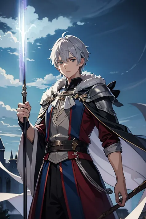 masterpiece, Best Quality, High resolution，Anime Style、Anatomically correct、Silver Hair、short hair、male、Wizard、Robe、magic、Stand with a long stick in one hand、With an old castle in the background、Upper body only、Horizontal angle