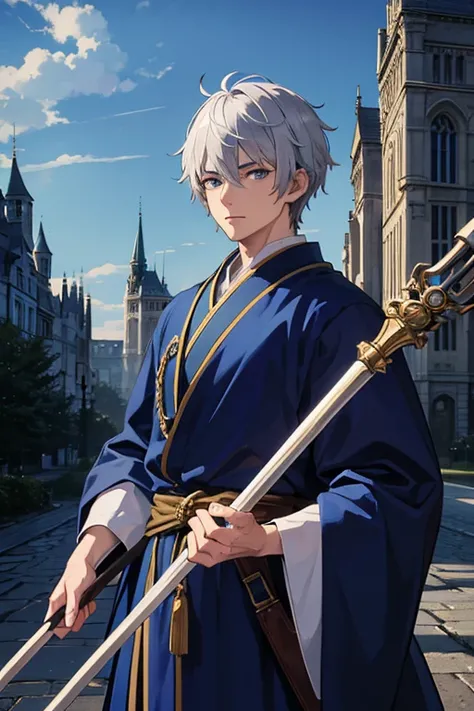 masterpiece, Best Quality, High resolution，Anime Style、Anatomically correct、Silver Hair、short hair、male、Wizard、Blue Robe、magic、Stand with a long stick in one hand、With an old castle in the background、Upper body only、Horizontal angle