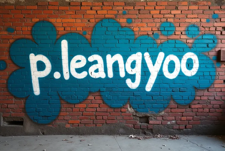 the old brown brick wall in a beautiful style, with blue spray paint and the text "P.Leangyoo" in white . High definition, 32K.