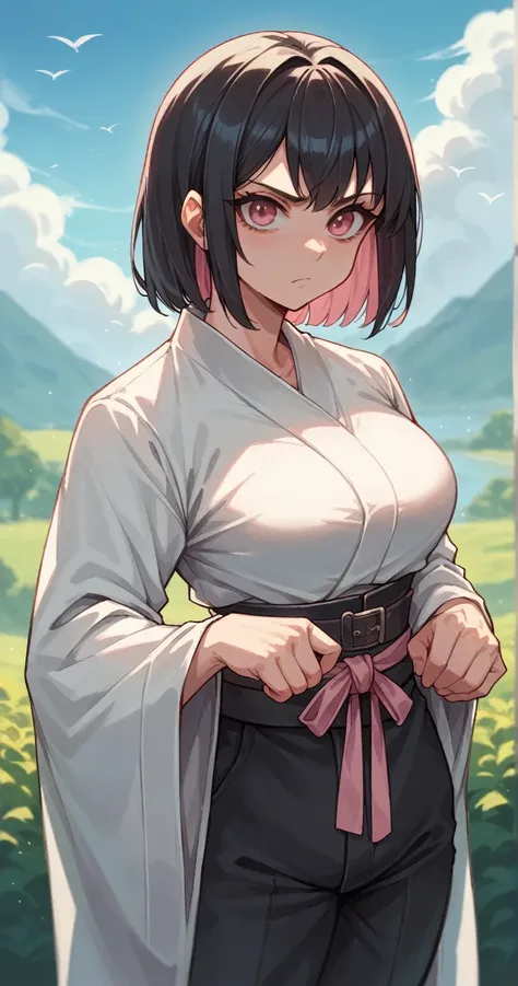 Girl, pink eye, black hair,white robe,black pants,cute,medieval japanese,big tit,black karate belt, pink accessorise on shirt,cool girl, badass, perfect body,thick thigts, straight 2 hair