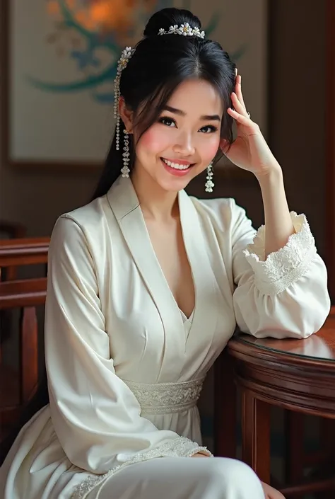 Girl sitting on a chair with her legs crossed in a traditional white Chinese costume, made up enhancing her beauty and carmine red lips. She is standing with her arm on the table leaning back and holding her head with her right hand, looking seductively in...