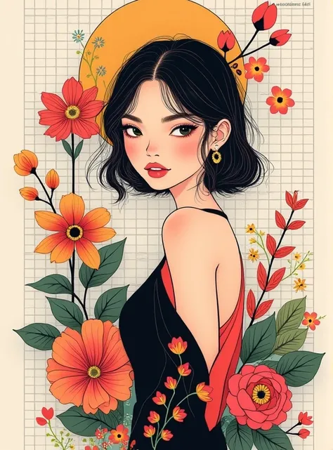 Victor Nye&#39;s style, female, Beautiful details, Simple, Modern, advanced, cute, Color blocking, flower, Black, White, grid, line, Illustration, vitality, Pixar