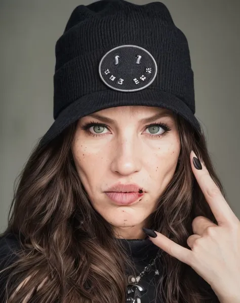 RAW photo, mujer guapa rusa, ojos marrones verdosos, Motorhead Hat, Custom, shirt, Cowboy, Cowgirl, Straw, Black, Rocker, Western, Band Merch, Heavy Metal, long chestnut blonde hair, haciendo los cuernos, black nails, mordiendose la lengua , (high detailed...