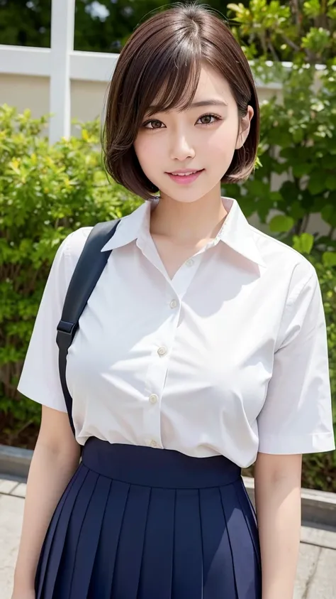 (8k), (Best Quality: 1.2), (Realistic), (Realistic: 1.37), Very beautiful Japanese women,Brown medium short hair,Ultra HD, 1 girl, cute, smile, Mouth closed, Beautiful details, Beautiful Nose, whole body, Wet Hair, Giant Dalcefo, School uniform, Thighs