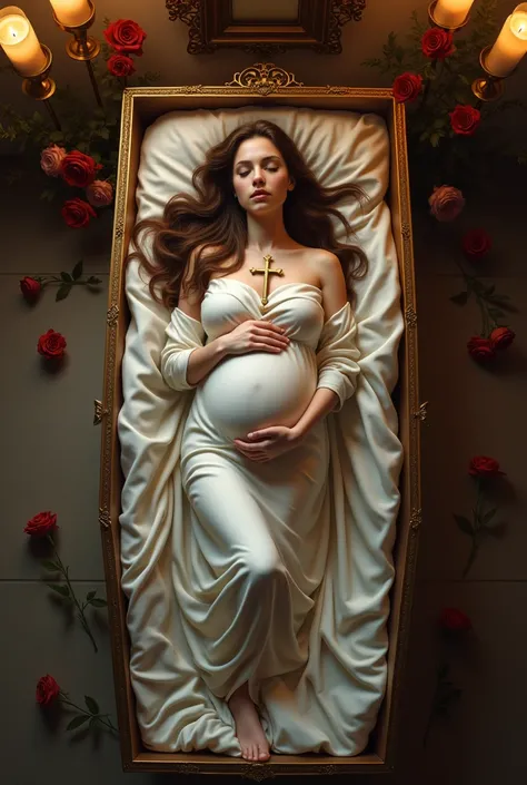 Dead. Beautiful pregnent  juliet  long hair  lying in satin casket in hands on chest holding gold cross barefoot in funeral home with catholic icons roses and candles dressed in satin white shroud  barefoot  eyrs closed mouth closed full top view