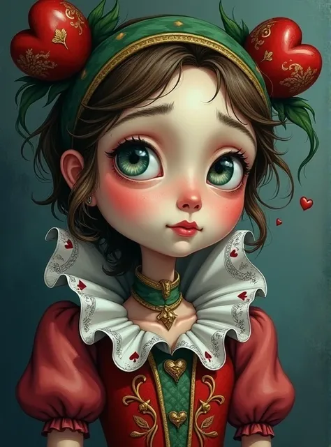 Draw a full-body portrait of the Queen of Hearts in Alice in Wonderland to capture a moment of deep contemplation. Her expression should be a mixture of curiosity and a hint of unease, as if she is deeply questioning reality and her place in it. Her large ...