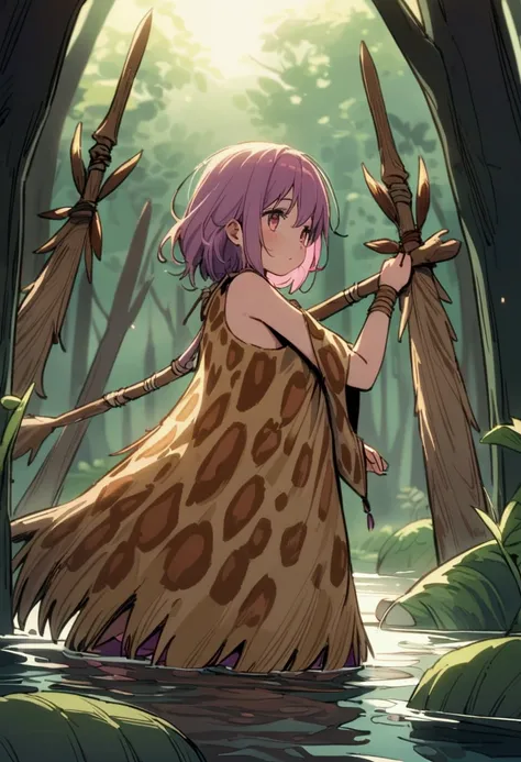 Long necked dinosaurs eat plants out of swampy water, cute yuna leads a primitive tribe of hunter lesbians (spears, dinosaur hide tunics, hide boots), dawn primal swamp