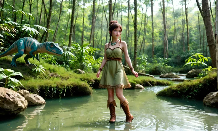 Long necked dinosaurs eat plants out of swampy water, cute yuna leads a primitive tribe of hunter lesbians (spears, dinosaur hide tunics, hide boots), dawn primal swamp
