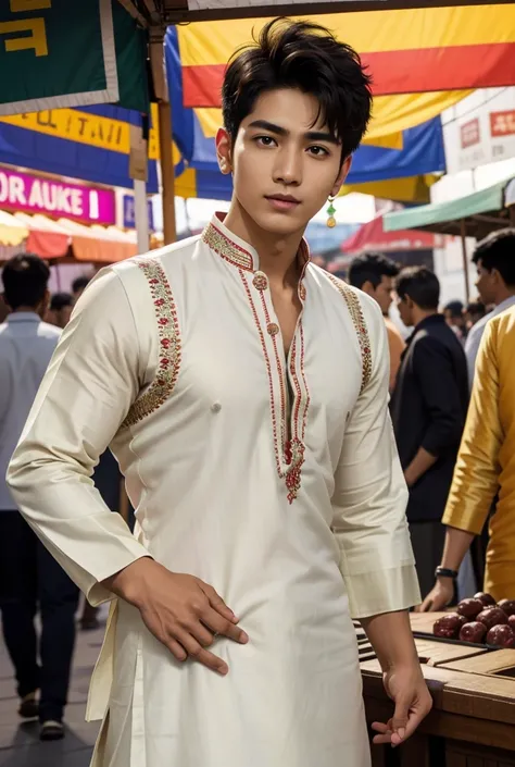 Vibrant Indian Market
"In a bustling Indian market filled with vibrant colors and lively sounds, a tall, muscular man with flawless white skin stands confidently among the stalls. His short hair is styled perfectly, emphasizing his handsome face. (He wears...