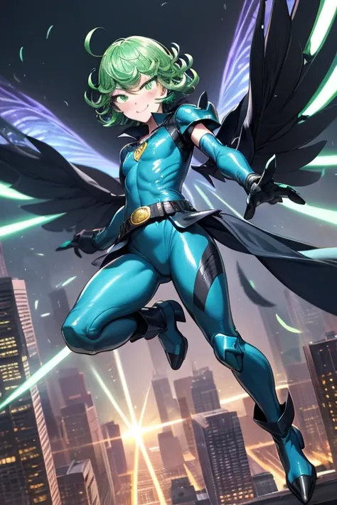 Masterpiece, best quality, ultra detailed, illustration, lighting epic, cinematic composition, 1 girl, Tatsumaki, short hair, green hair, very small breasts, green eyes, bright eyes, smiling, blushing, closed mouth, piercing gaze, full body, tall, thin, bl...