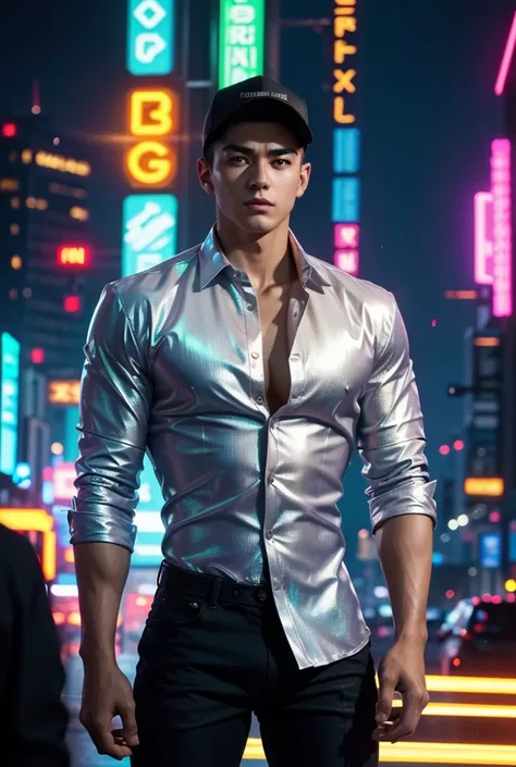 Neon Cyberpunk Cityscape
"In a bustling cyberpunk cityscape filled with neon lights and towering skyscrapers, a tall, lean, and muscular man with smooth white skin stands confidently on a rain-soaked street. His short hair is styled sharply, enhancing his ...