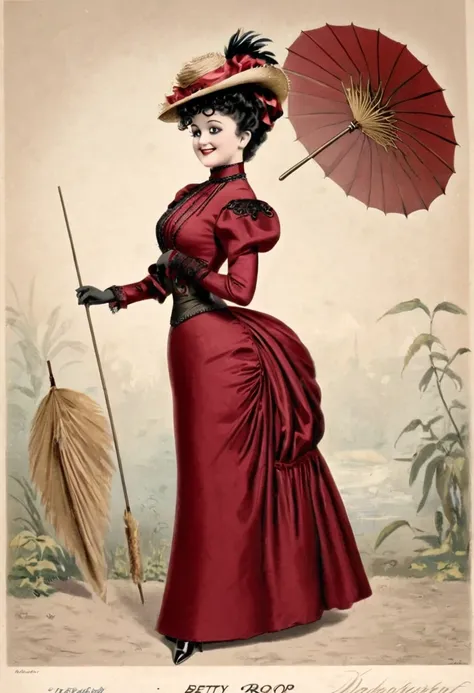 Betty Boop as a 14yo actress in the 1890s. 1890_dr3ss. Year 1899. Theatre backdrop. Curly brunette hair, feather-brimmed hat, high-neck deep red gown with long puff sleeves, tiny wasp waist, huge bubble butt. Rapemeat, flirting, holding a parasol, winking ...