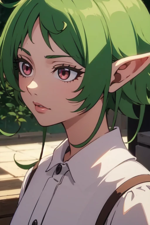 ((best quality)), ((masterpiece)), (detailed), perfect face. Asian girl. Green hair. Short hair. Elf. Maroon eyes.