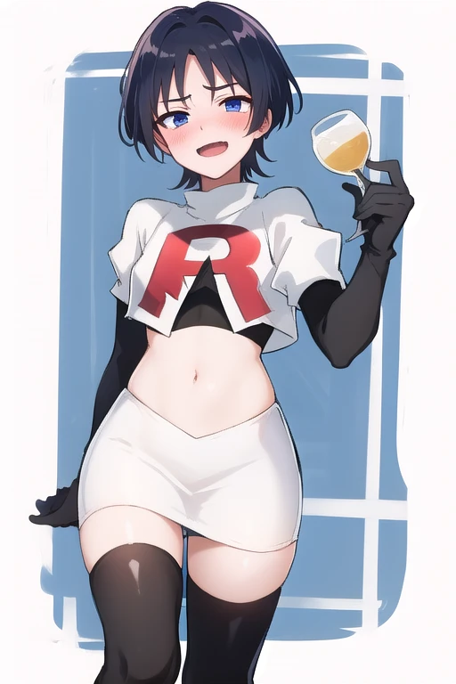 absurdres,masterpiece, trap, best quality, highres, high quality, 1boy, solo, male focus, hair, crossdressing,1boy,team rocket,team rocket uniform,white skirt,red letter R,crop top,black thigh-highs,black elbow gloves, evil laugh, blush