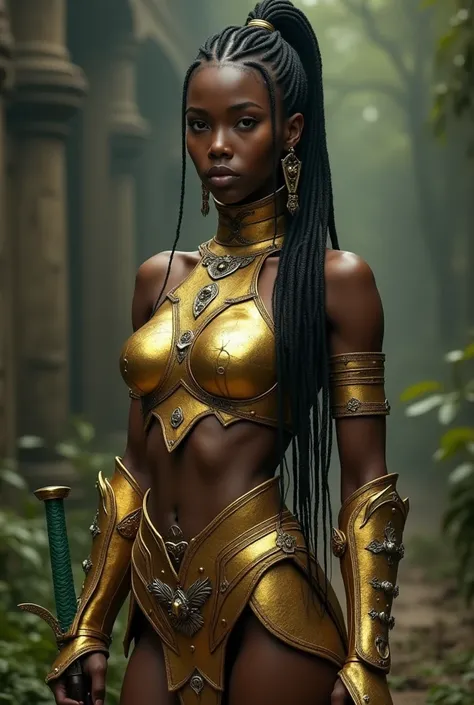 nude black warrior girl with braids, nude, in mini gold armor, emerald sword, rtx quality, 4K quality, amazing detalization, ideal belly,  