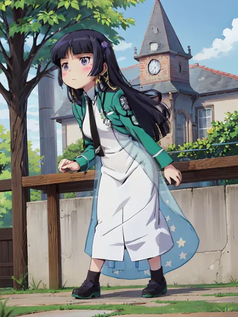 ruri gokou, 1 Female, solo, ((magic_high_school_uniform)), (green jacket), (white dress), (black necktie), Hime cut, Black Hair, Long Hair, mole, blush, Red ribbon, garden, full body