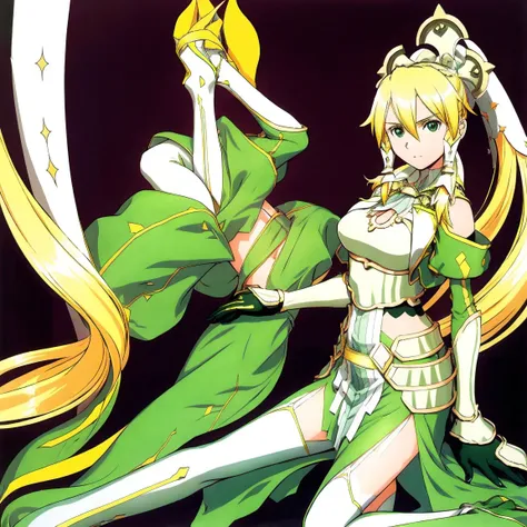 magical fairy swordsman leafa、blonde、white hair ribbon、green eyes、green magical girl costume、blonde ponytail、white hair ribbon、y...